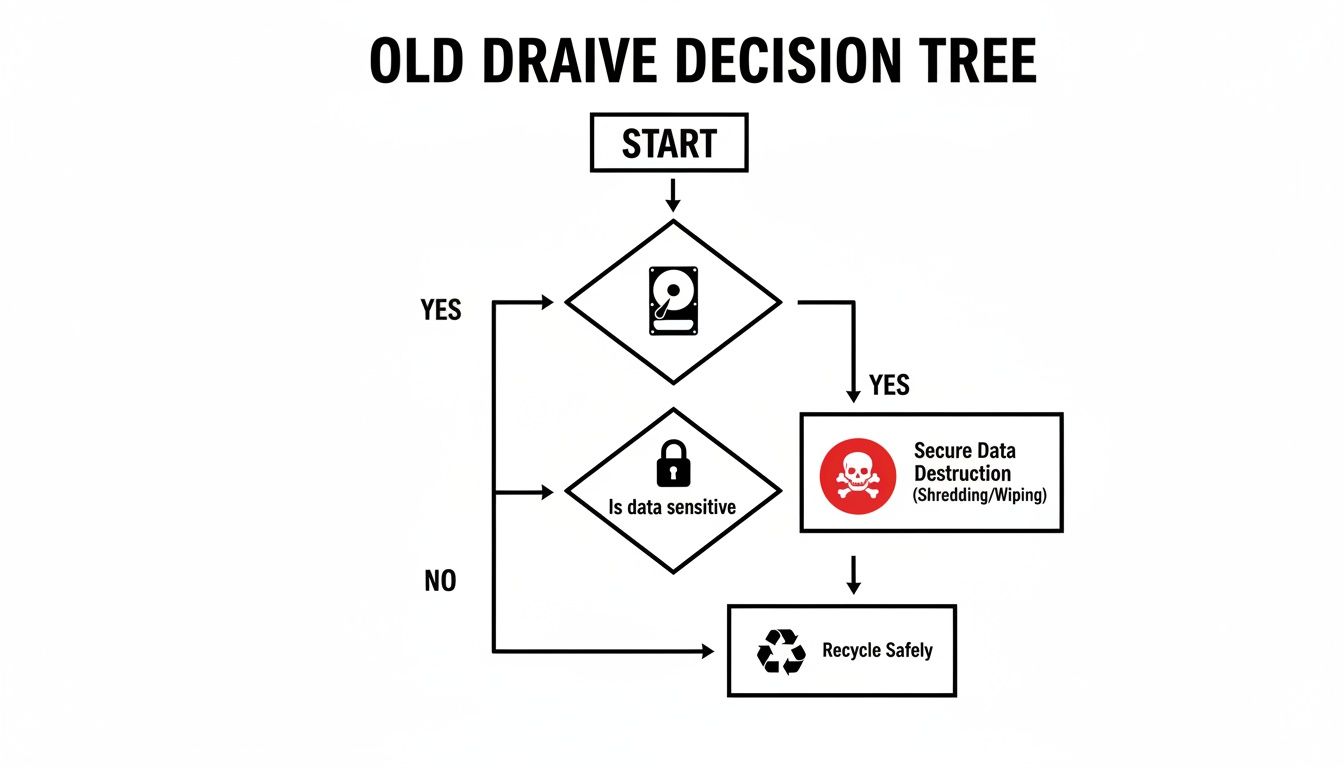 Flowchart illustrating a decision tree for old hard drive disposal, emphasizing secure data destruction.