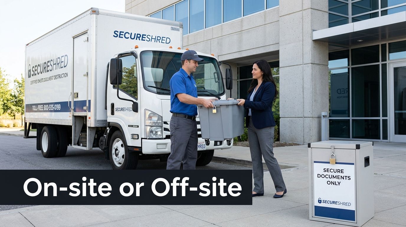 A SecureShred employee hands a locked document bin to a client next to a shredding truck.