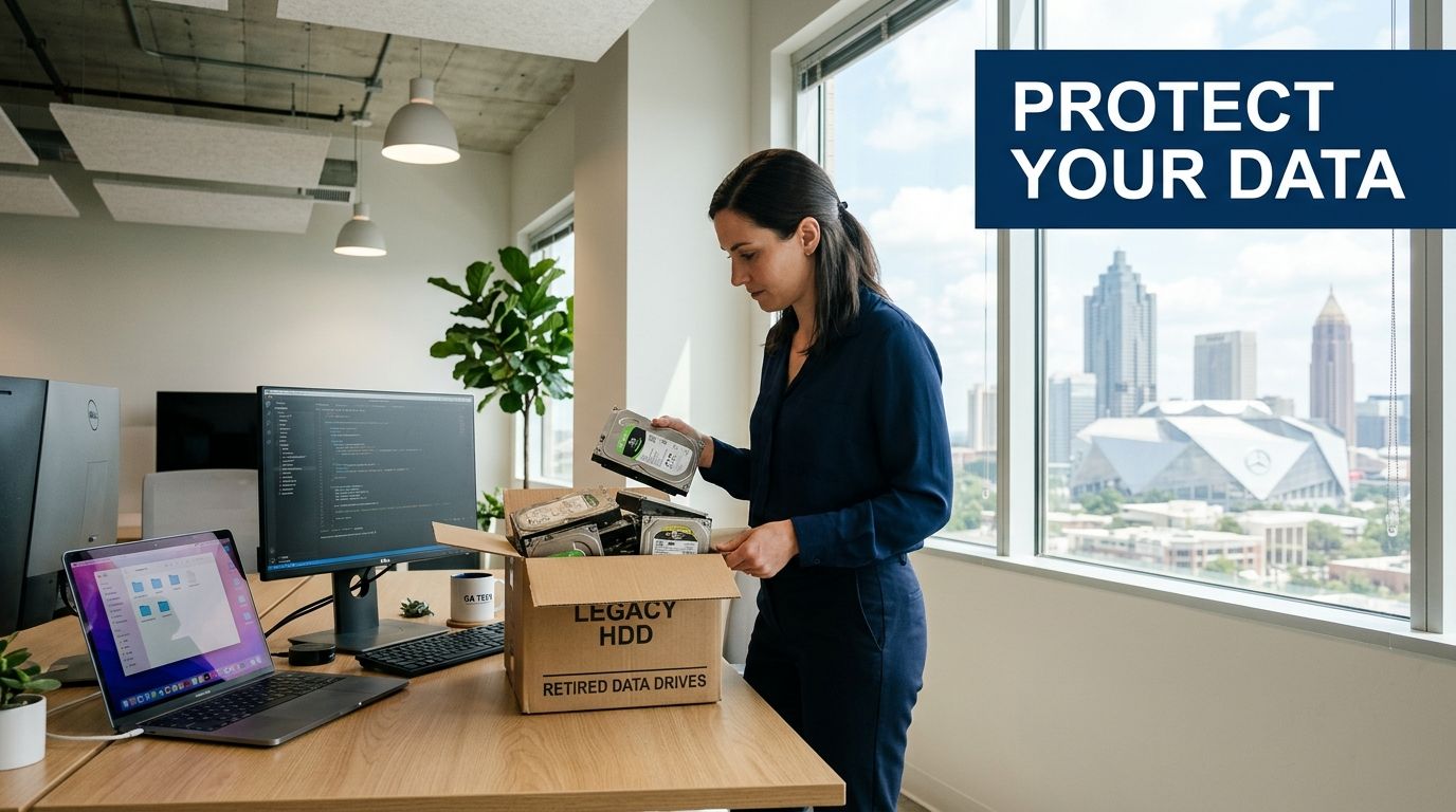 A woman carefully places old hard drives into a box labeled 'Retired Data Drives' in an office, securing sensitive information.