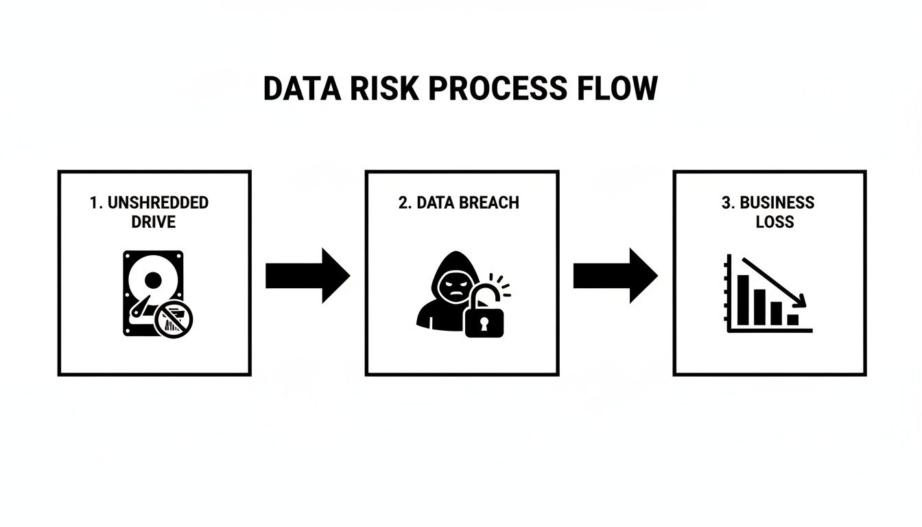 Flowchart illustrating the data risk process from an unshredded drive to a data breach and business loss.