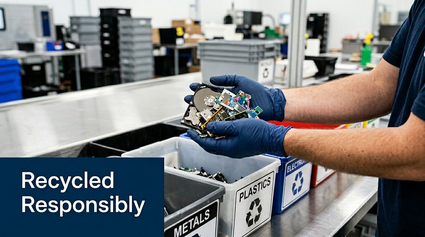 A worker in blue gloves sorts electronic waste, holding a hard drive and circuit boards over recycling bins.