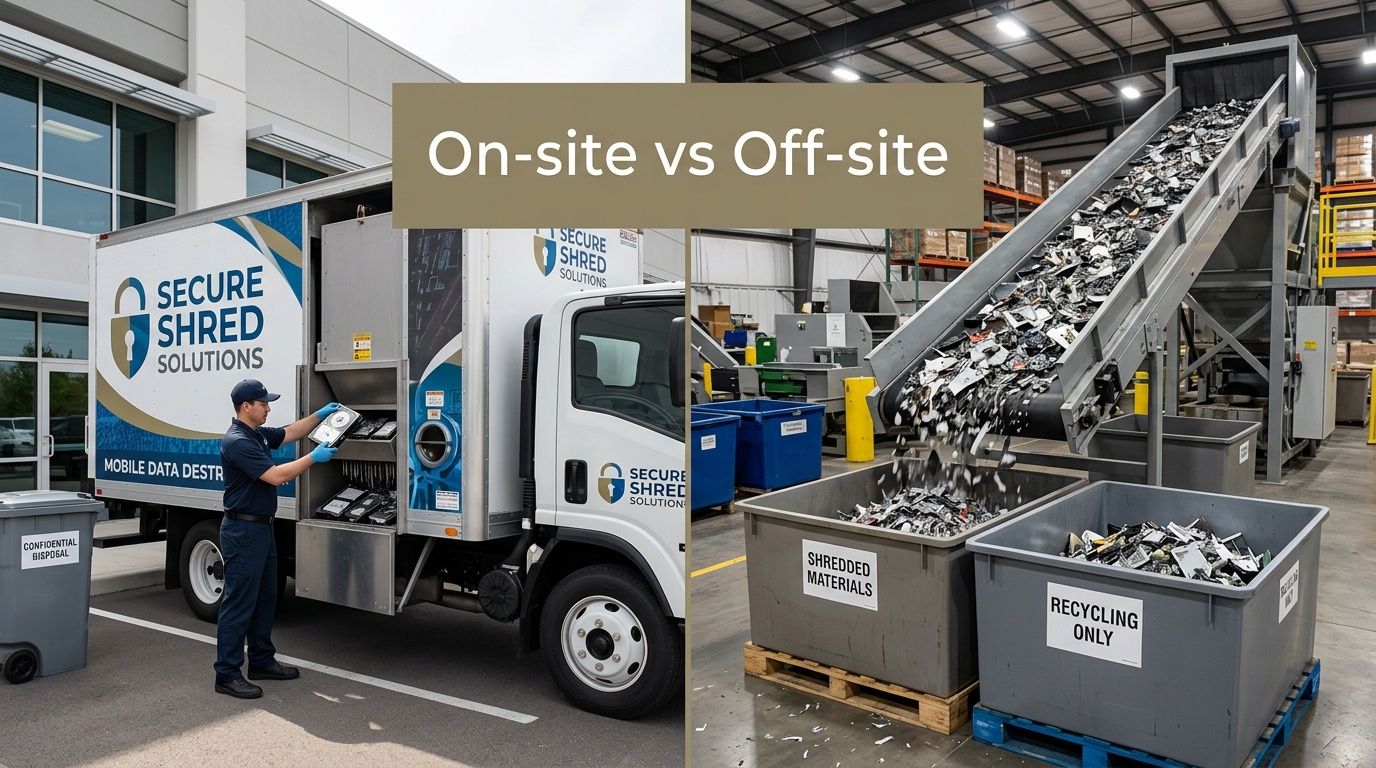 On-site mobile hard drive shredding by truck, contrasted with off-site industrial data destruction facility.