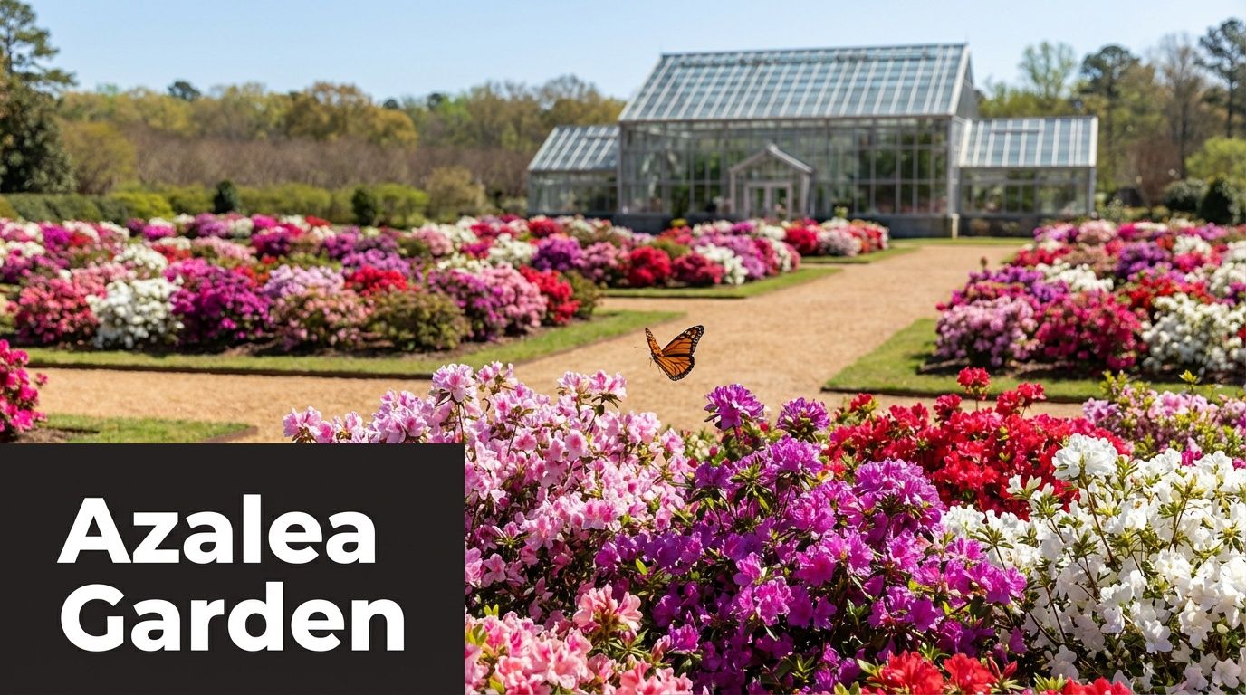 A vibrant garden filled with blooming azaleas and a monarch butterfly flying near a glass greenhouse.