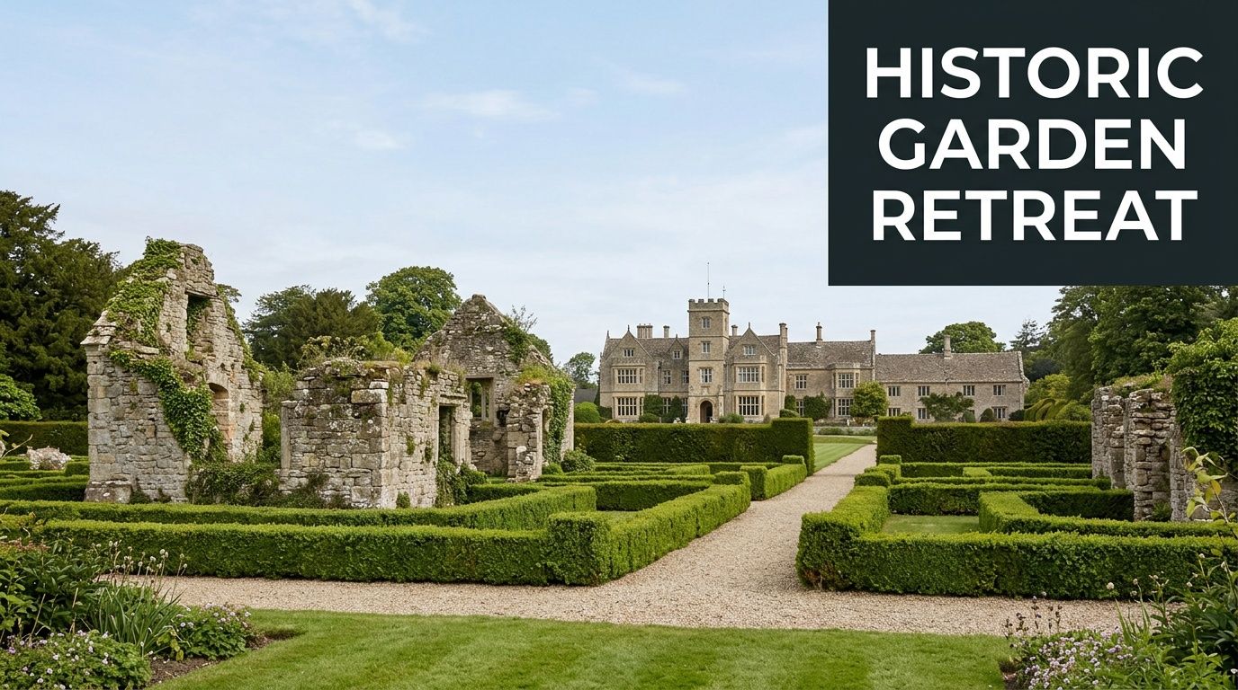 A scenic view of a beautiful historic stone garden retreat with manicured hedges and a manor house.