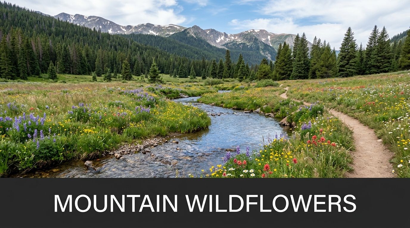 A scenic mountain valley filled with colorful wildflowers, a winding stream, and pine trees under a cloudy sky.