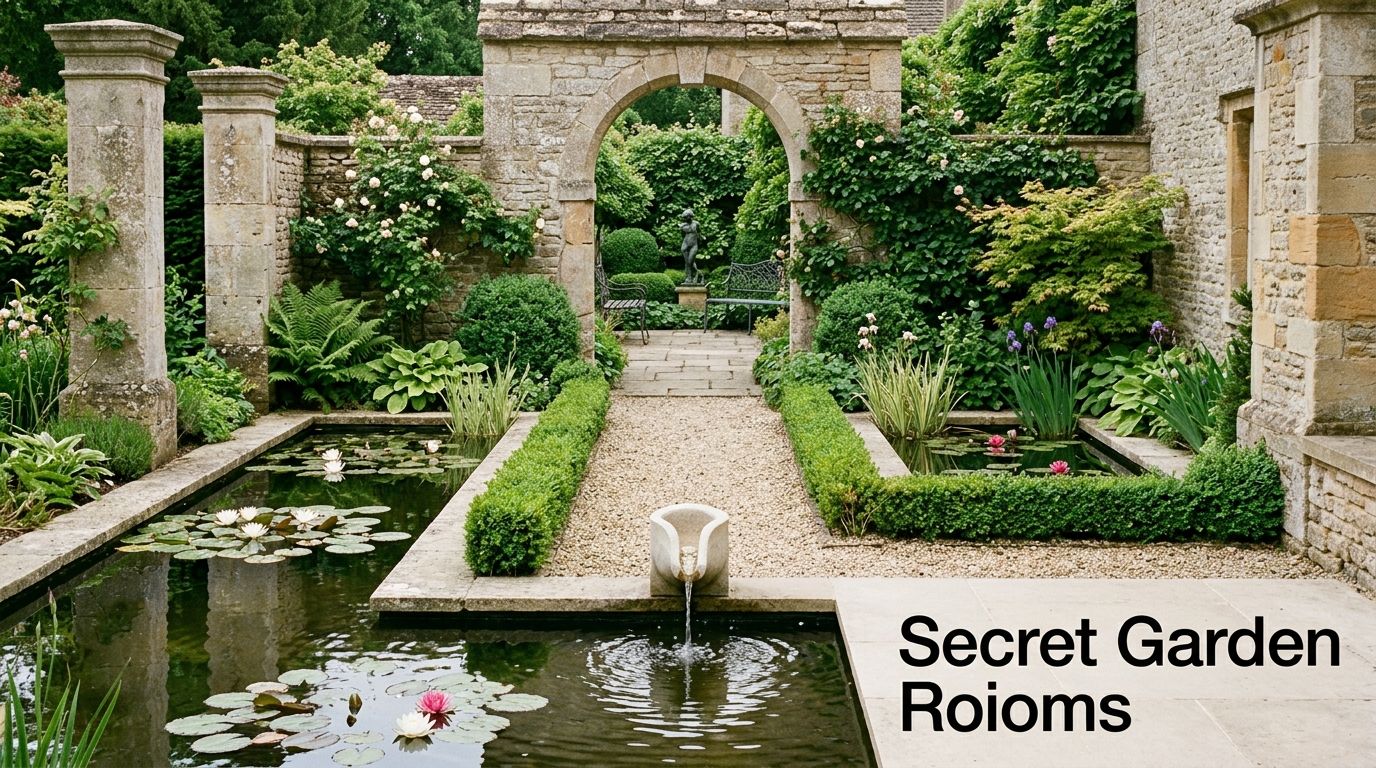 A serene stone courtyard garden featuring a tranquil reflecting pool, manicured hedges, and a classic stone archway.