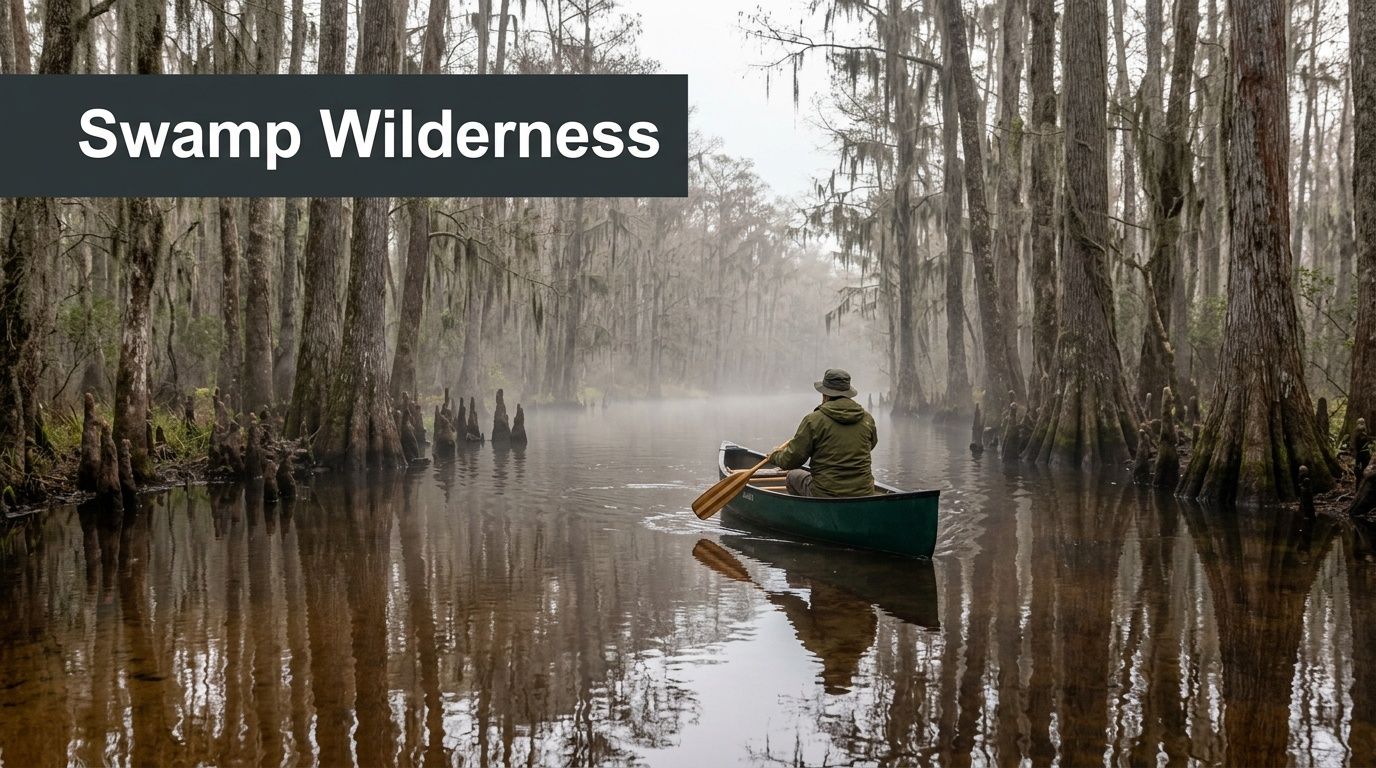 A person canoeing through a misty, serene swamp surrounded by tall cypress trees draped in moss.