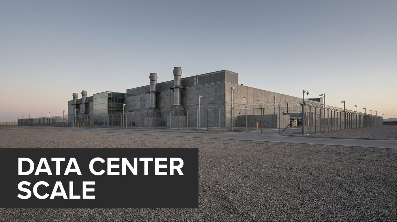 A massive, fortified data center building featuring tall exhaust stacks surrounded by high security fencing at dusk.