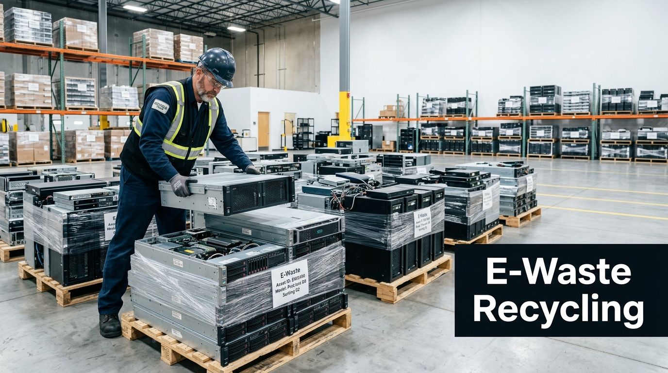 A warehouse worker in protective gear sorting server hardware for professional electronic waste recycling in a facility.