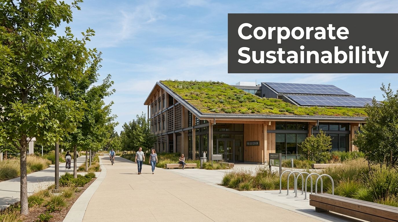 A sustainable office building featuring a living green roof and solar panels on a sunny day.