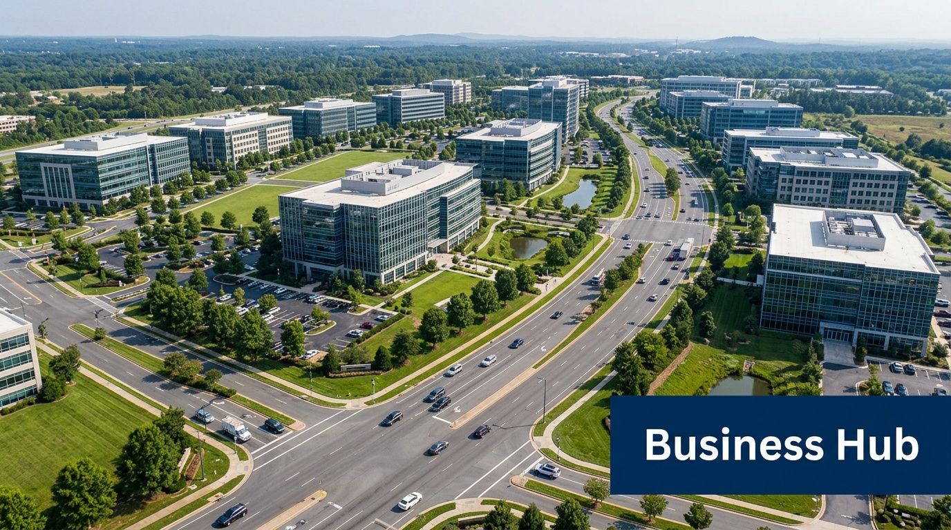 Aerial view of a modern corporate business office park in Alpharetta featuring glass buildings and lush landscaping.
