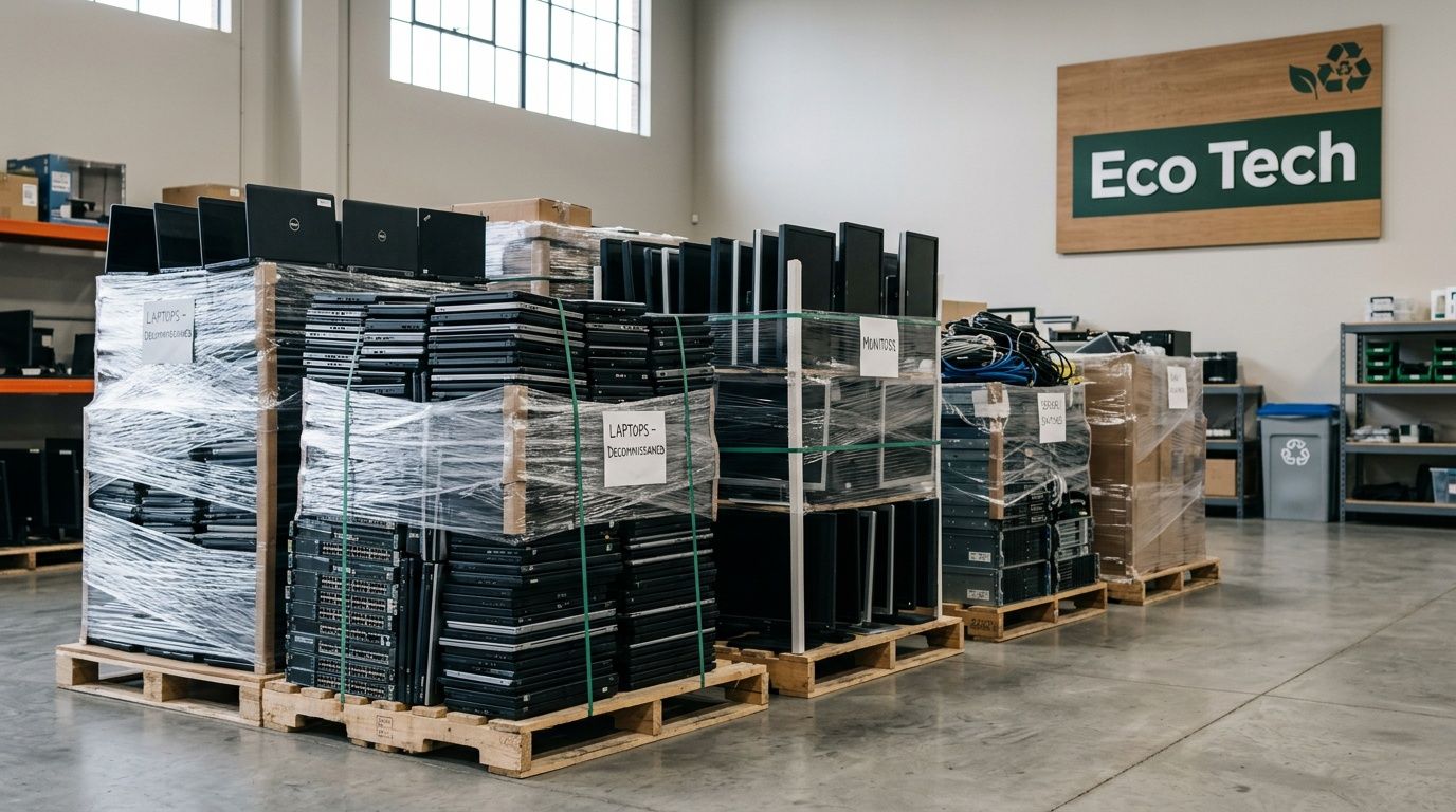 Several wooden pallets stacked with decommissioned laptops and monitors wrapped in plastic inside an eco-tech warehouse.