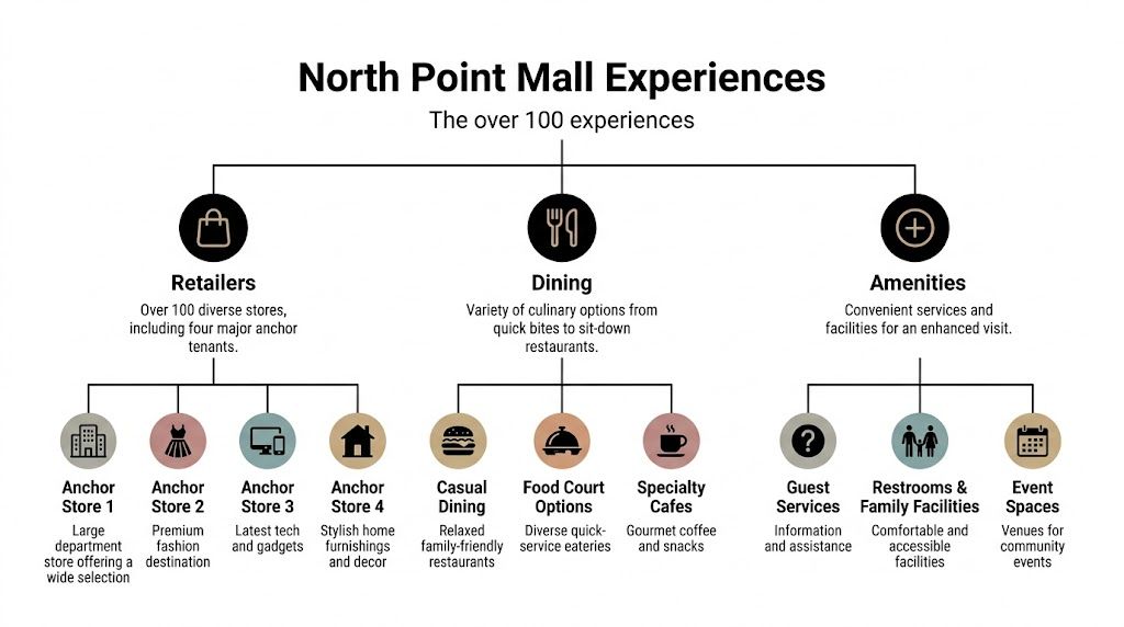 A hierarchical flowchart illustrating retail, dining, and amenity experiences available at North Point Mall.