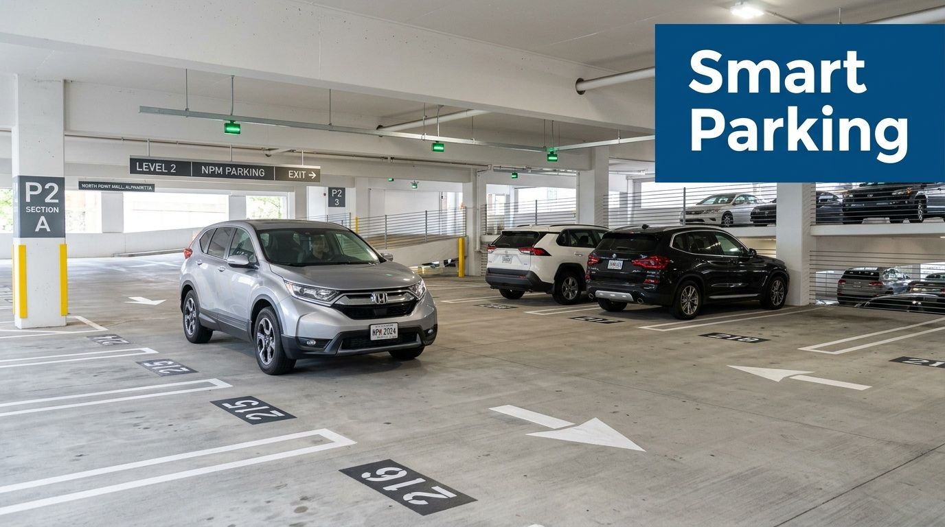 A brightly lit indoor parking garage level at North Point Mall featuring several parked and driving cars.