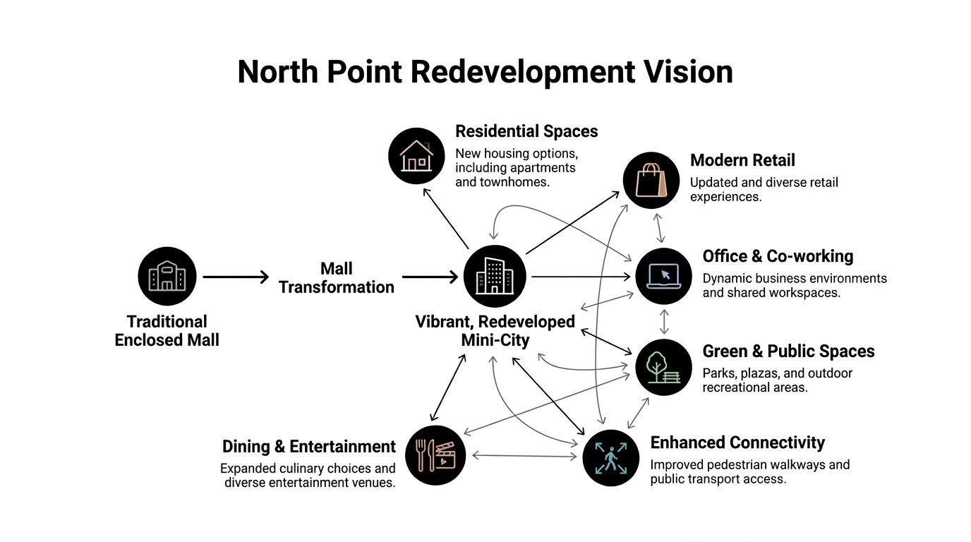 A diagram illustrating the transformation of a traditional enclosed mall into a vibrant, redeveloped mini-city.