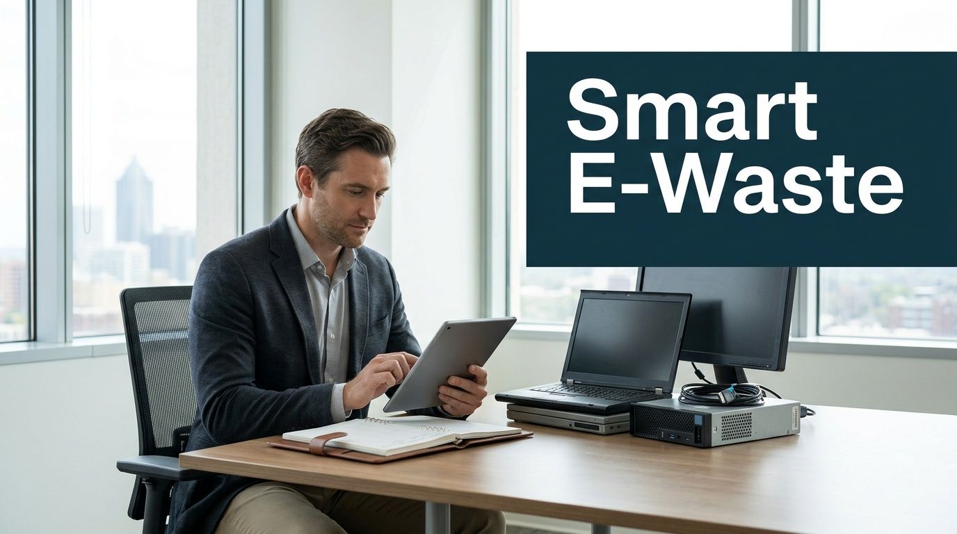 A man uses a tablet at a desk with various electronics, promoting smart e-waste solutions.