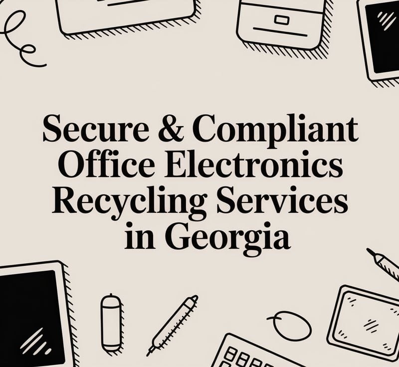 Secure and compliant office electronics recycling services in Georgia, featuring various electronic devices and office supplies.