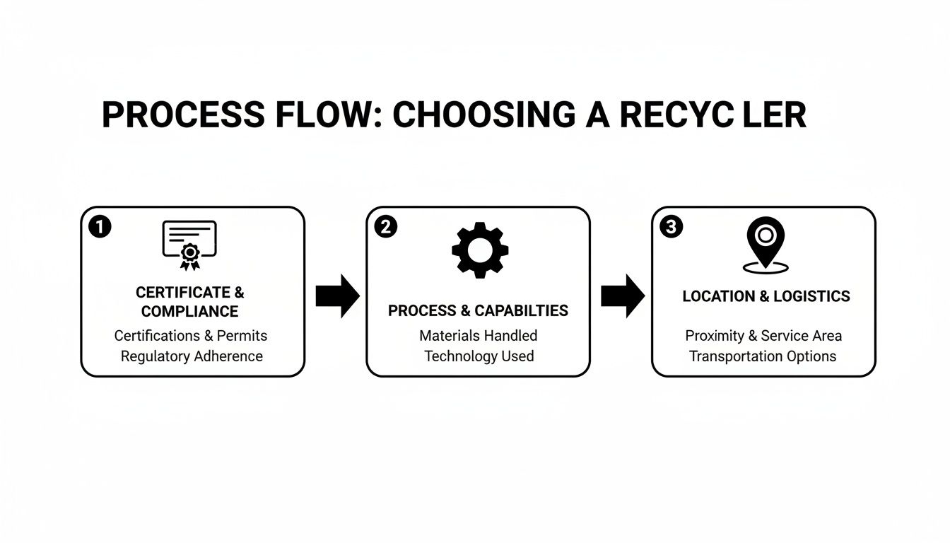 Process flow diagram showing three steps for choosing a recycler: compliance, capabilities, and logistics.