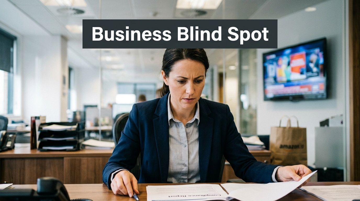 A professional woman in a suit sitting at an office desk looking at a compliance report document.