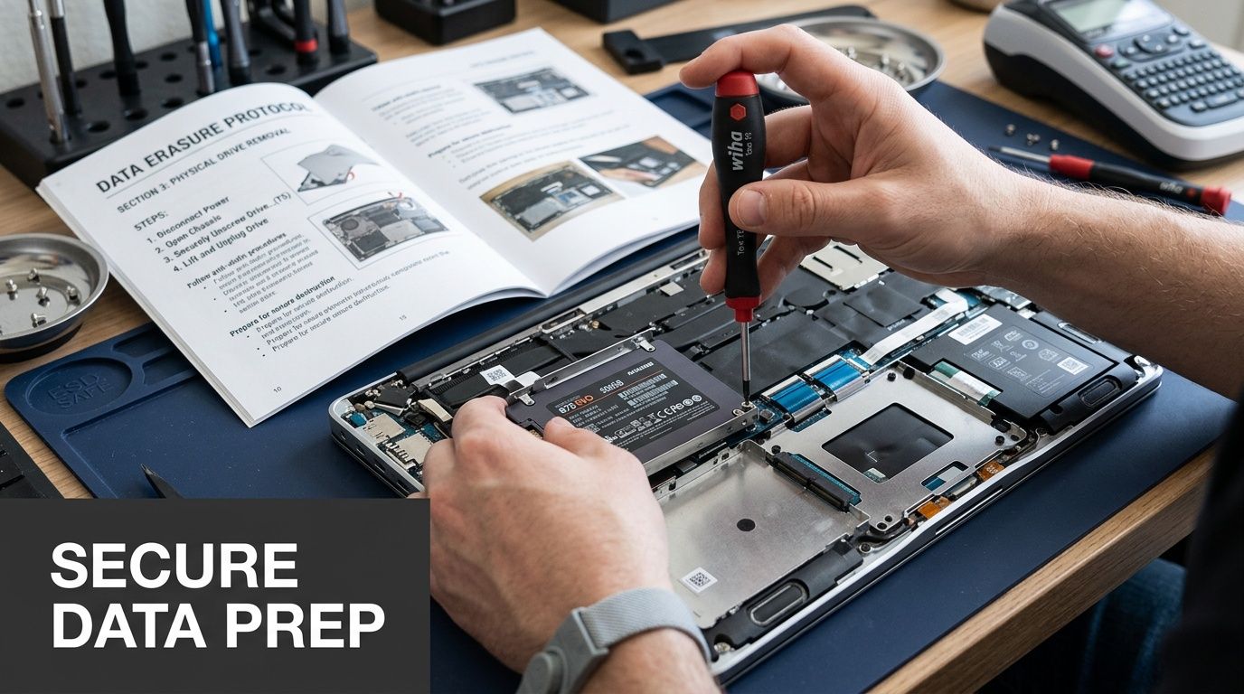 A technician carefully unscrews a solid state drive from a laptop as part of data destruction procedures.