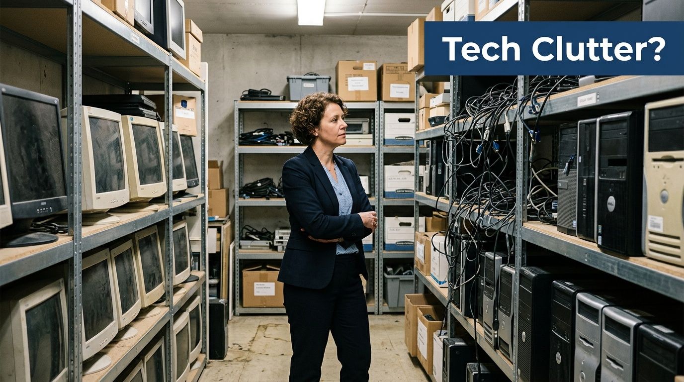 A businesswoman standing in a warehouse filled with obsolete computer equipment and outdated electronic technology clutter.