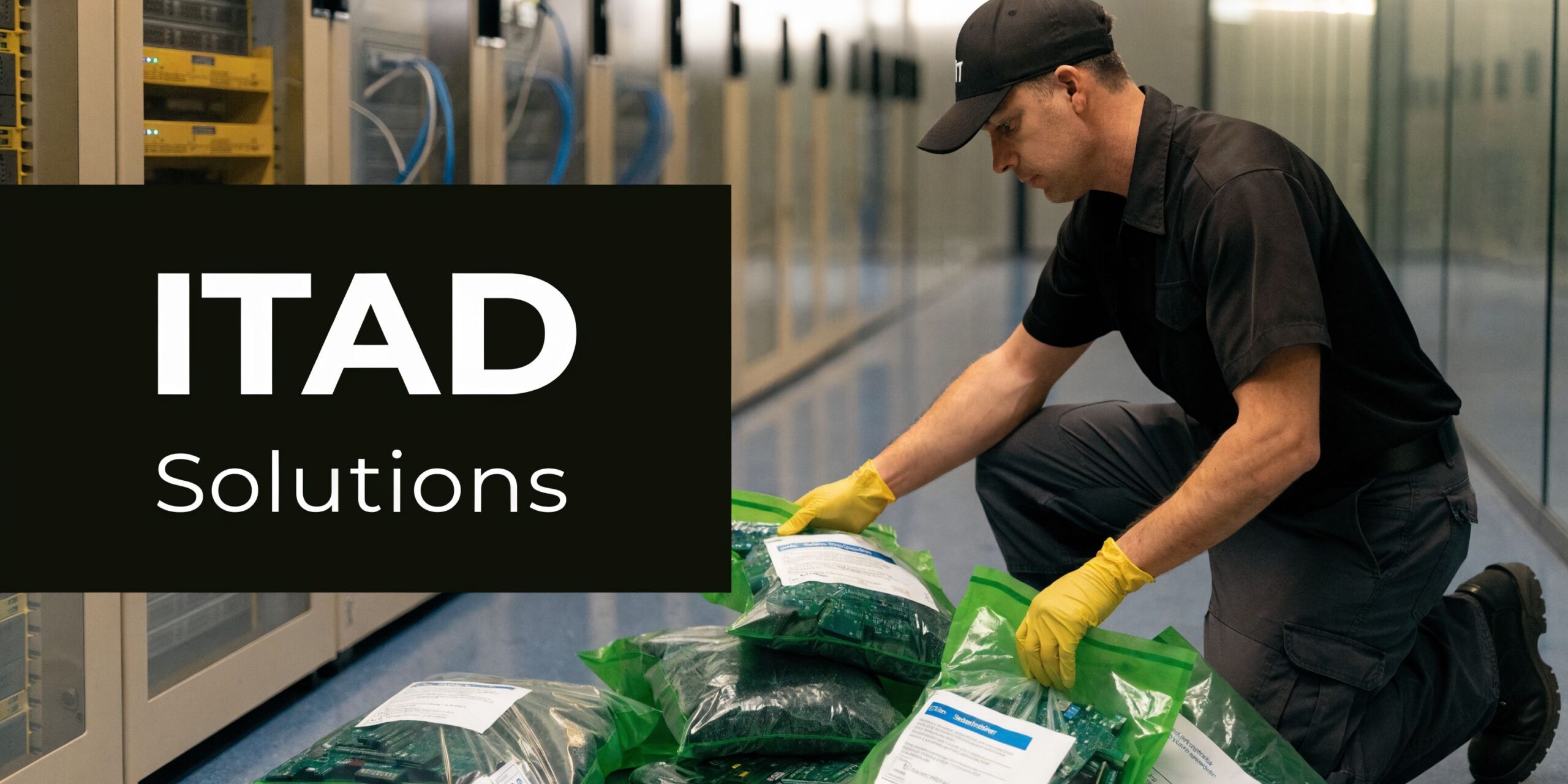 A technician wearing protective gear organizing green bags of recycled electronic components in a data center.