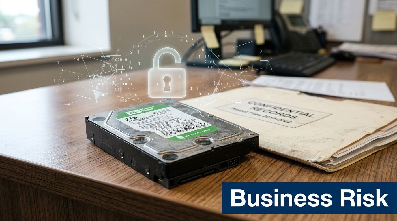 A Western Digital hard drive sitting on a desk next to a confidential records folder.