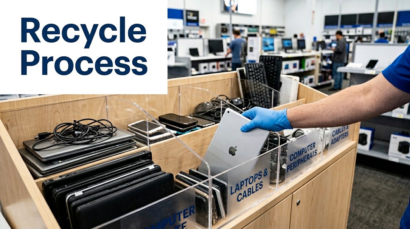 A person in blue gloves placing a tablet into a recycling bin at a Staples electronics store.