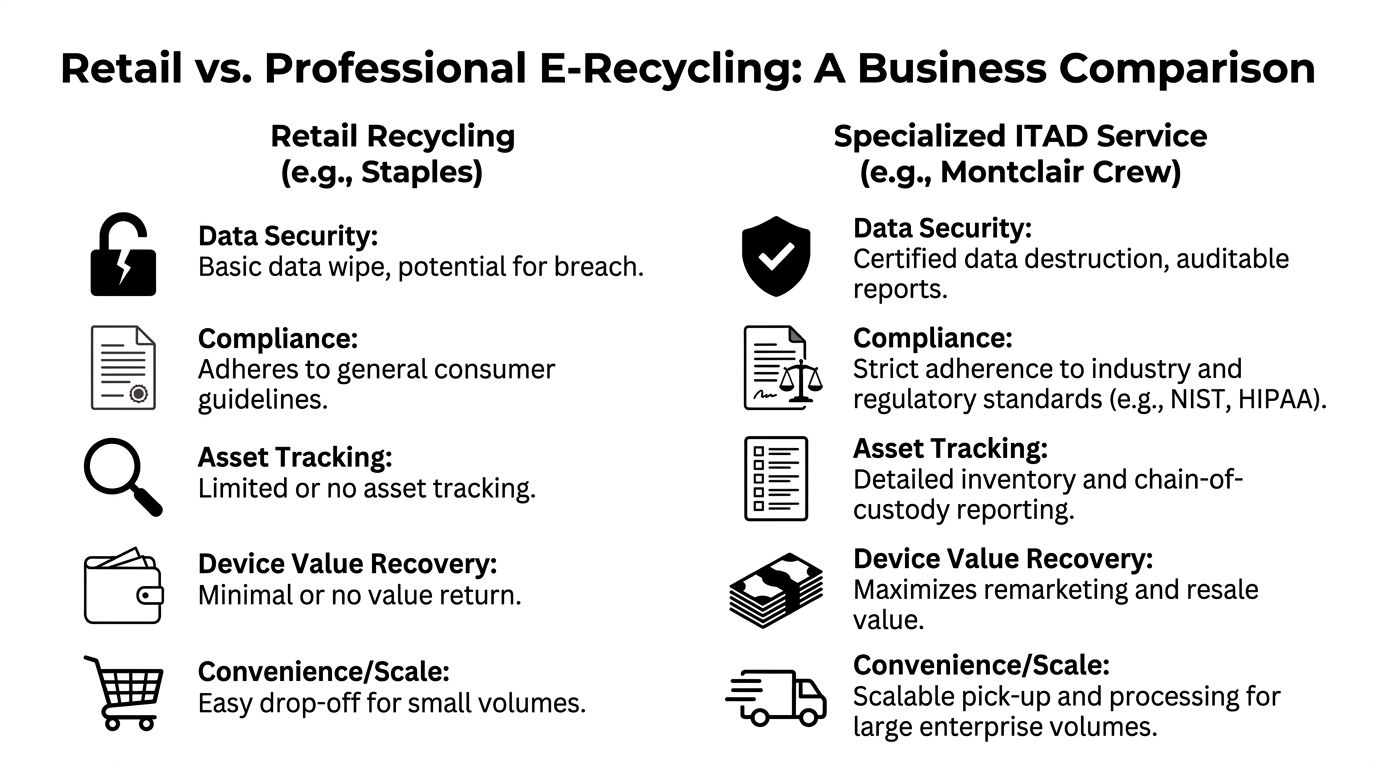 A comparison chart showing differences between retail e-recycling services and professional specialized ITAD service providers.