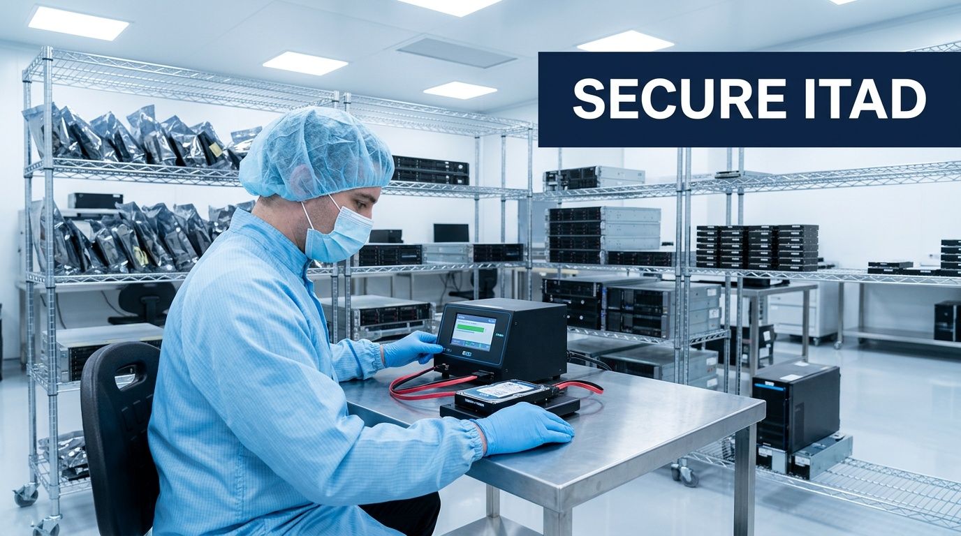 A technician wearing a hairnet and mask securely wiping data from a hard drive in a facility.