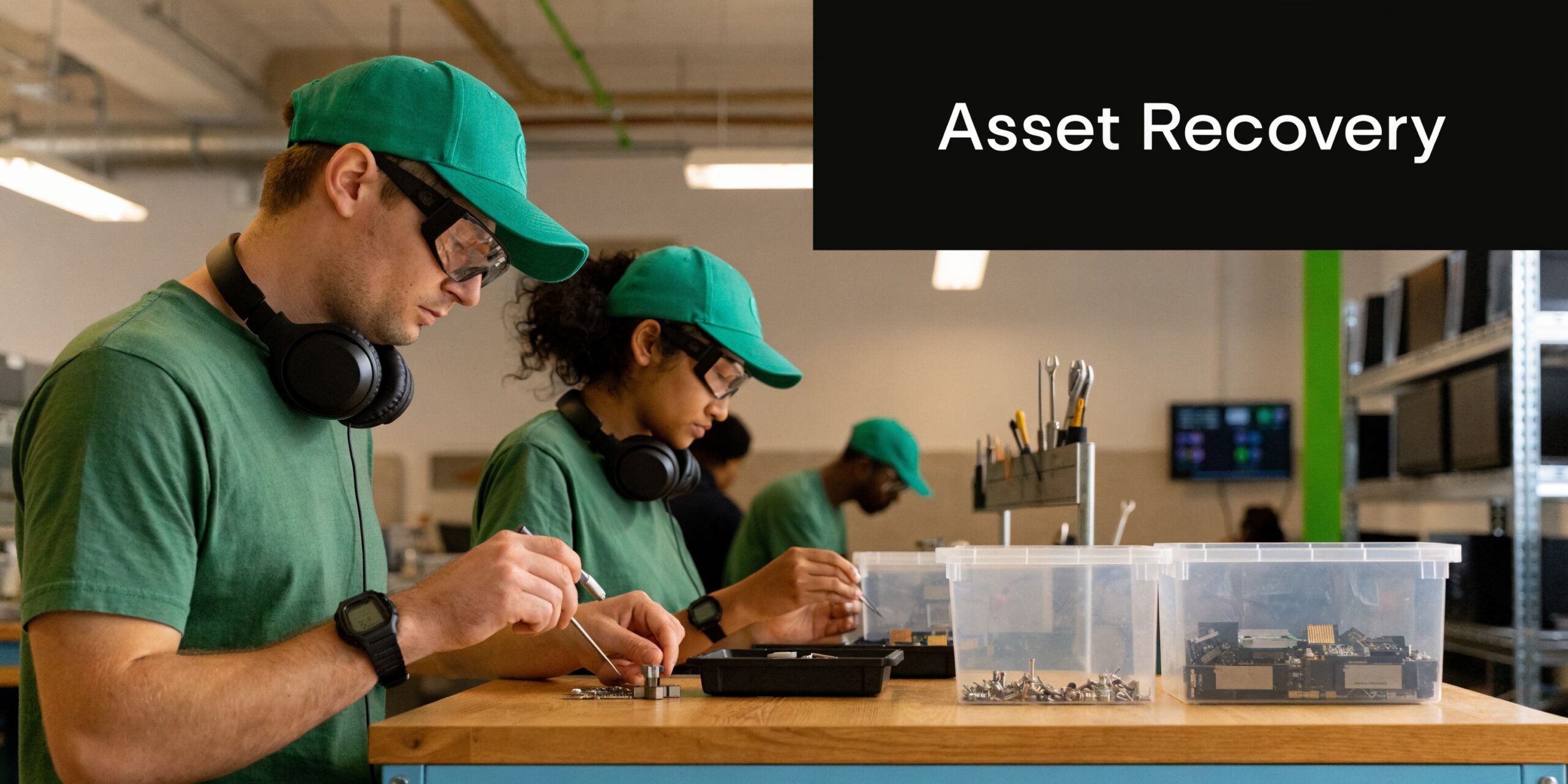 Three workers wearing green uniforms and safety glasses perform precise electronic asset recovery on a wooden workbench.