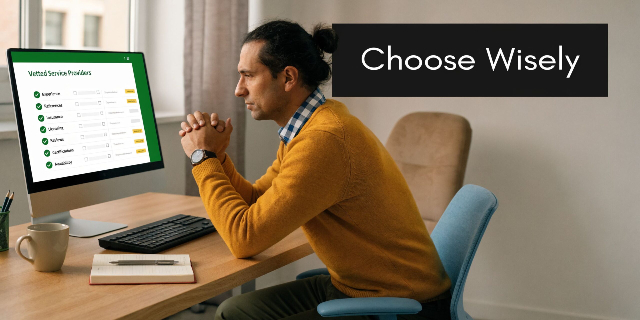 A man thoughtfully looking at a computer screen displaying a checklist for vetting service providers.
