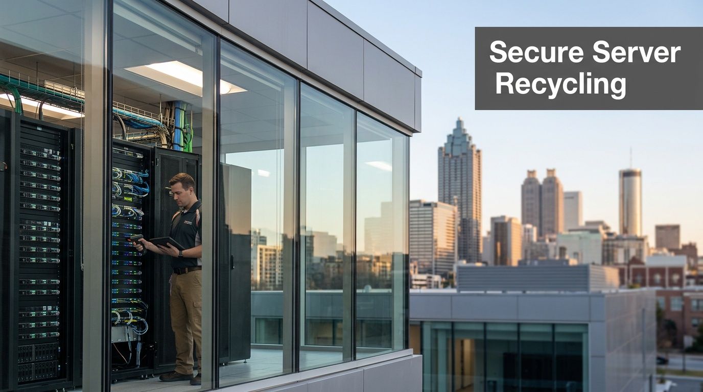 A technician scanning servers in a secure data center with a city skyline, emphasizing secure recycling.