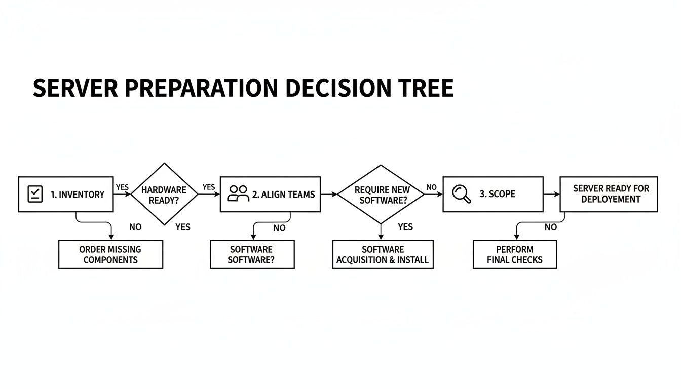 A server preparation decision tree flowchart, detailing steps from inventory to deployment readiness.