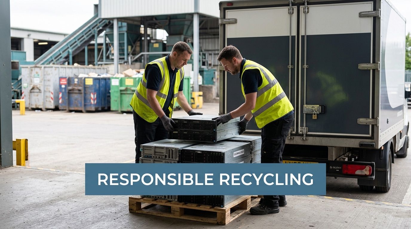 Two men in high-visibility vests loading computer servers onto a pallet for responsible recycling.