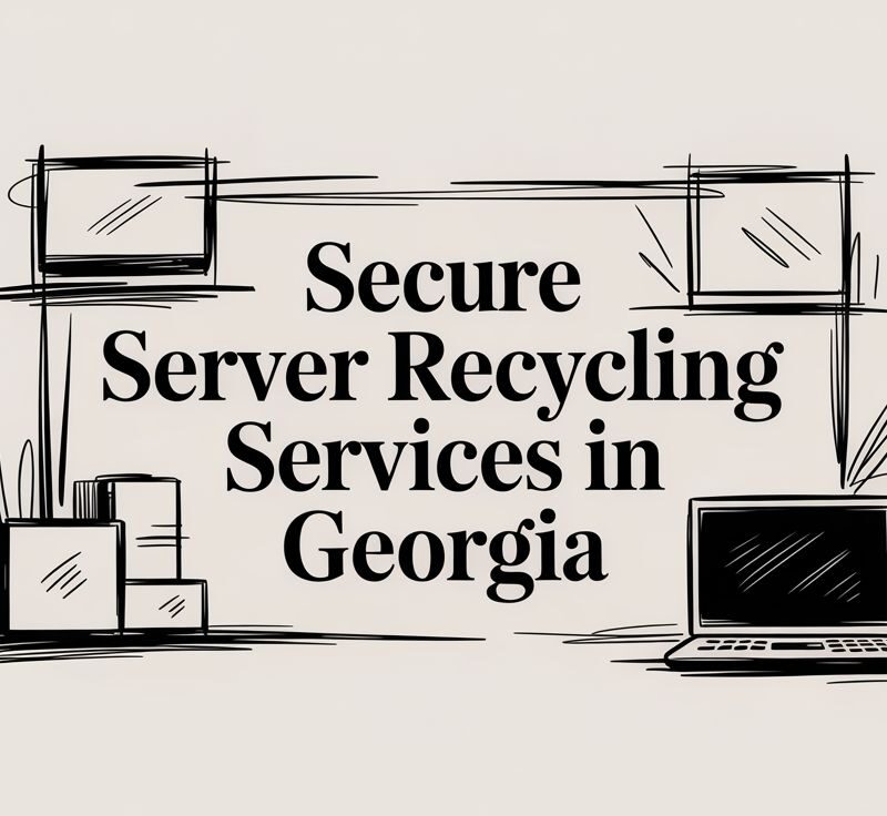 Secure server recycling services in Georgia, illustrated with computer monitors and storage boxes.