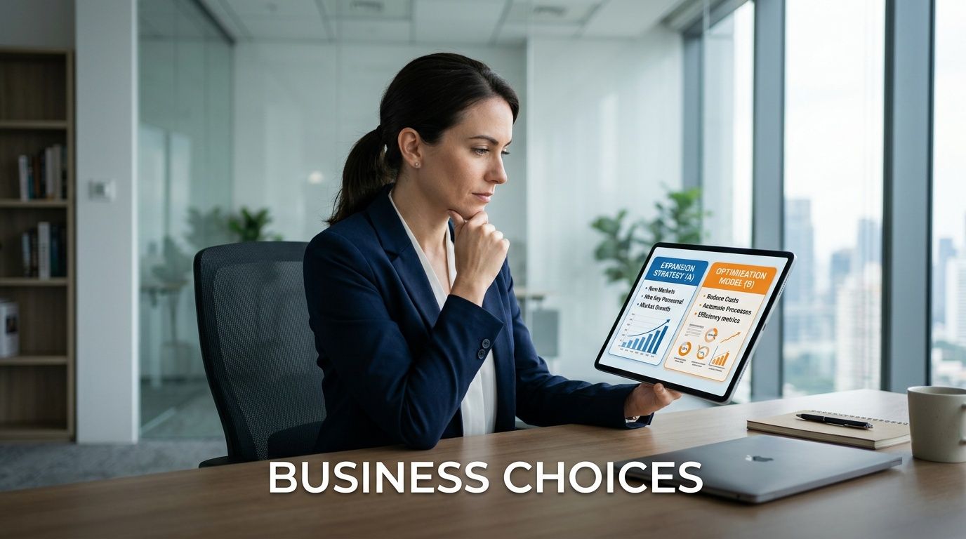 A professional businesswoman thoughtfully reviewing business expansion and optimization models on a tablet in an office.