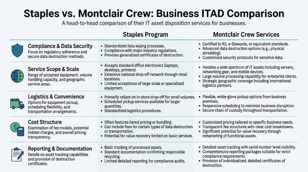 A comparison chart showing business IT asset disposition services between Staples and Montclair Crew.