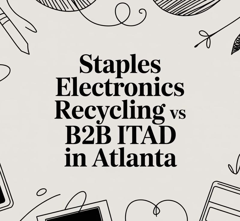 Staples Electronics Recycling vs B2B ITAD in Atlanta, article title with decorative elements related to electronics recycling.