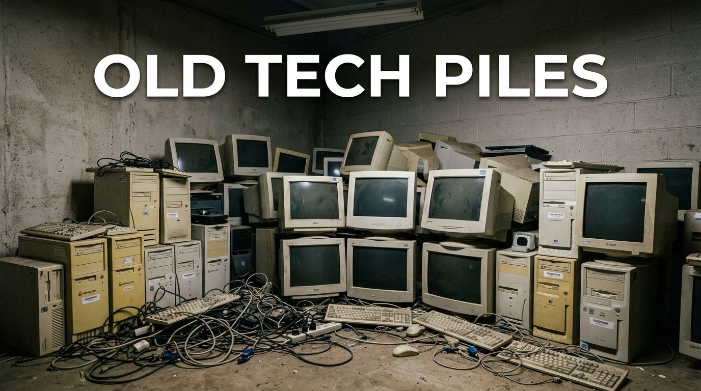 A large pile of discarded beige vintage computer monitors and desktop towers scattered on a warehouse floor.