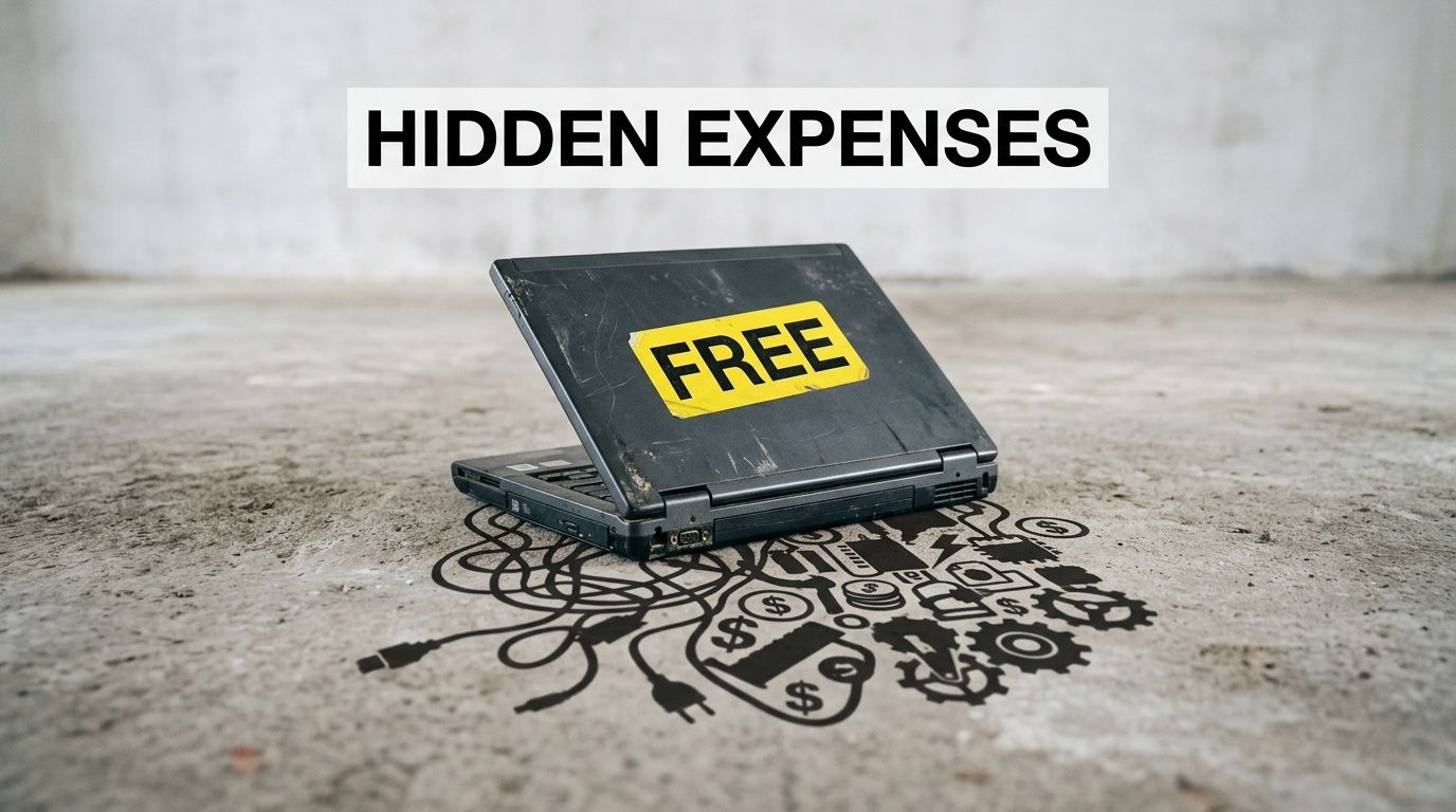 A worn, black laptop with a yellow free sticker sits on a concrete floor with drawn electronics components.