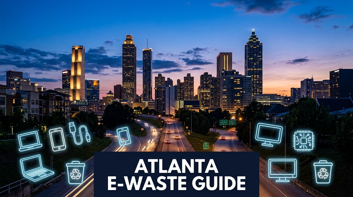 Neon-style electronic icons overlaid on a panoramic view of the Atlanta city skyline at twilight.