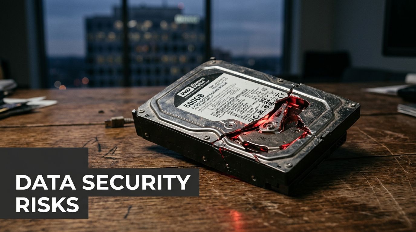 A broken hard drive sitting on a wooden desk to illustrate data security and recycling risks.