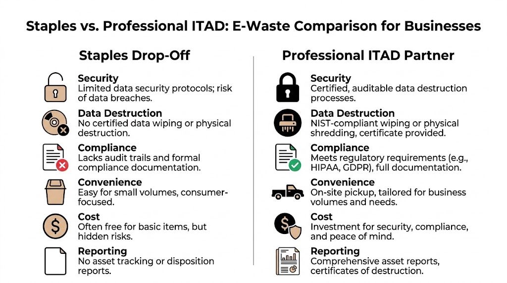 A comparison chart outlining the differences between Staples electronic recycling and professional ITAD disposal services for businesses.