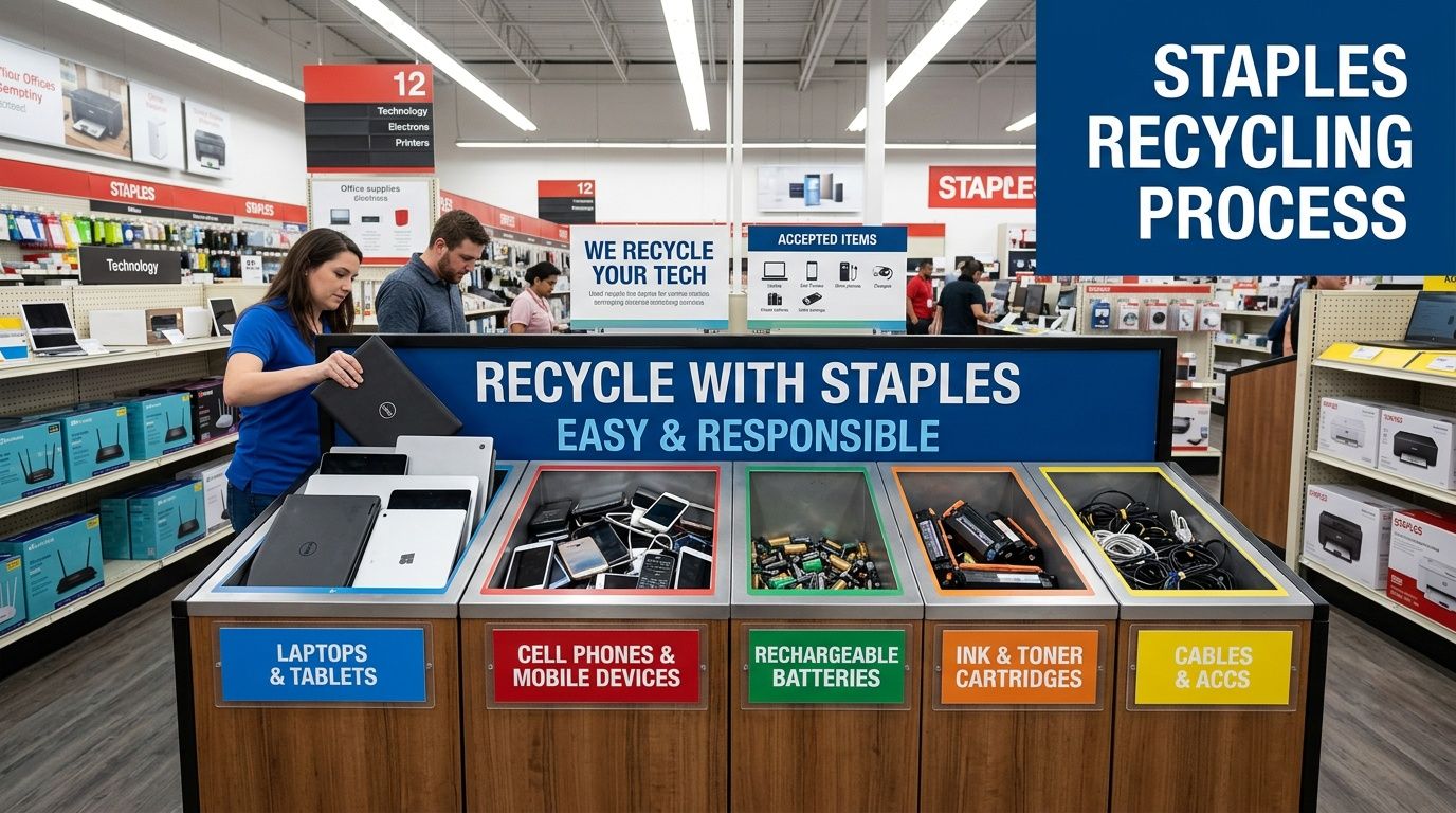 A Staples store employee helping a customer recycle electronics in labeled bins for laptops, batteries, and cables.