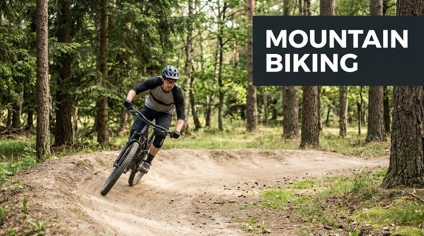 A mountain biker riding through a dirt trail path in a green forest during the daytime.