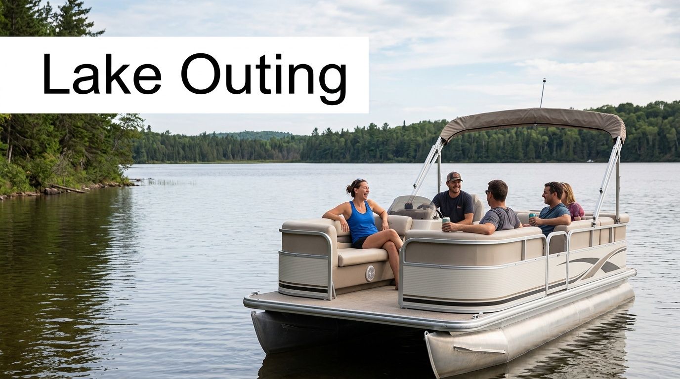 A group of friends laughing and relaxing on a pontoon boat while cruising on a serene lake.