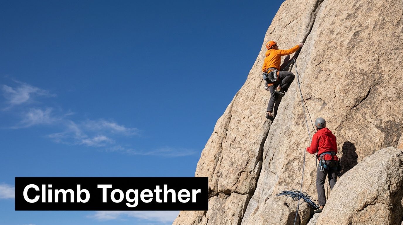 A rock climber in an orange jacket climbs a steep rock face while being belayed below.