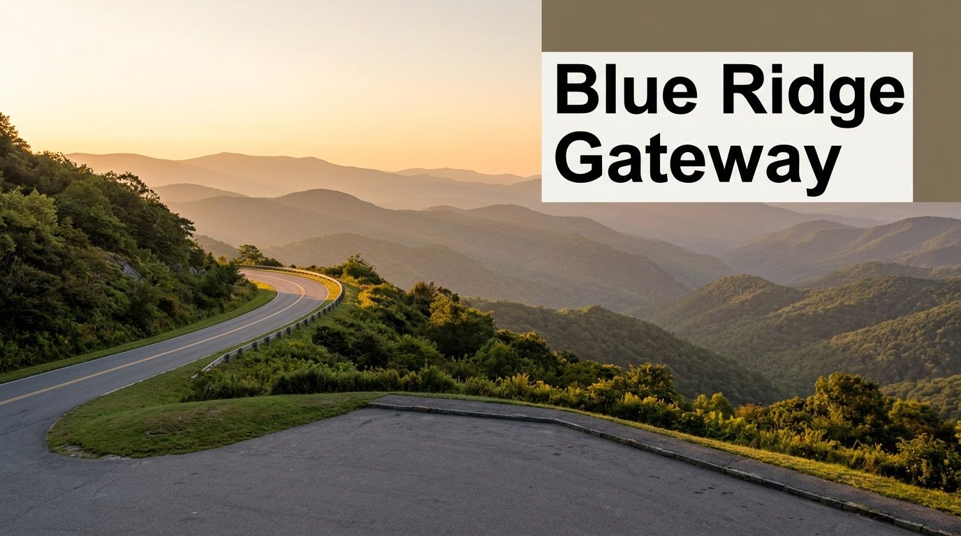 A scenic winding road through the Blue Ridge Mountains during sunset, offering breathtaking views of lush hills.
