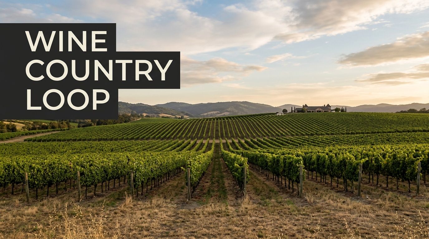 A scenic view of lush green vineyards stretching toward rolling hills under a sunset sky.